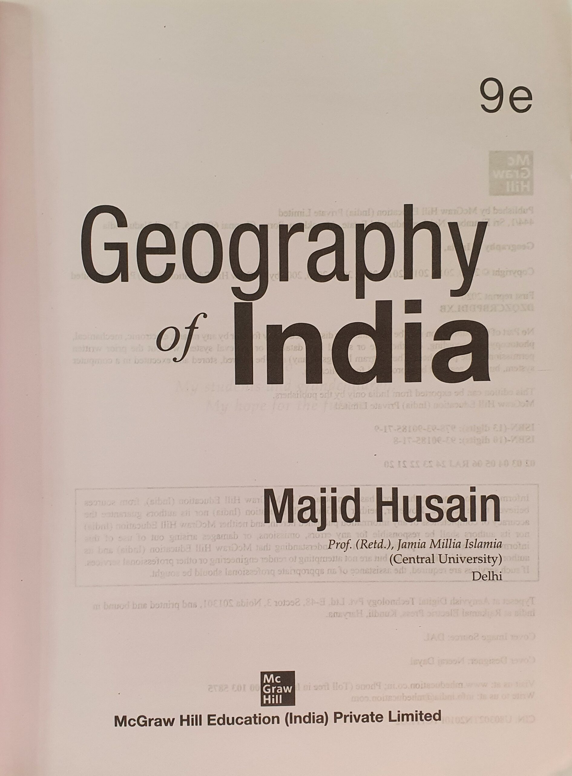 Geography Of IndiaMajid Hussain 9th Edition MPDS Books